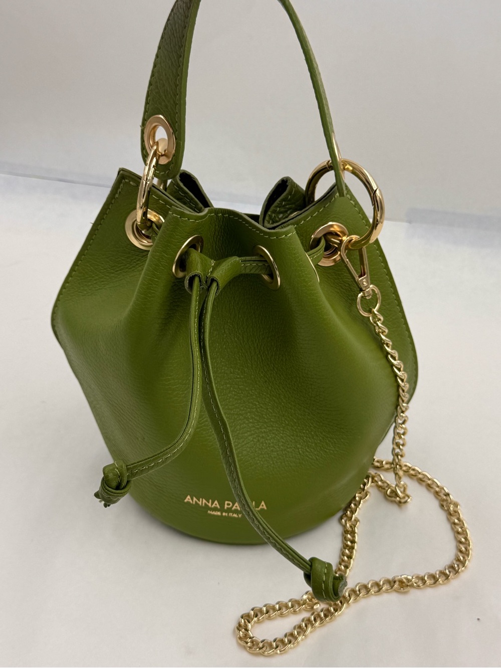 Anna Paola Gorgeous Green Leather Drawstring Bucket Bag, Made in Italy - Picture 5 of 16